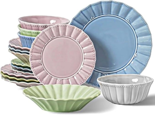 HOMBENE Dinnerware set, 16 Piece plates and bowls sets for 4, Ceramic Mordern dish set for party, Porcelain dish set, House gift, Microwavable safe, Mixed Colors