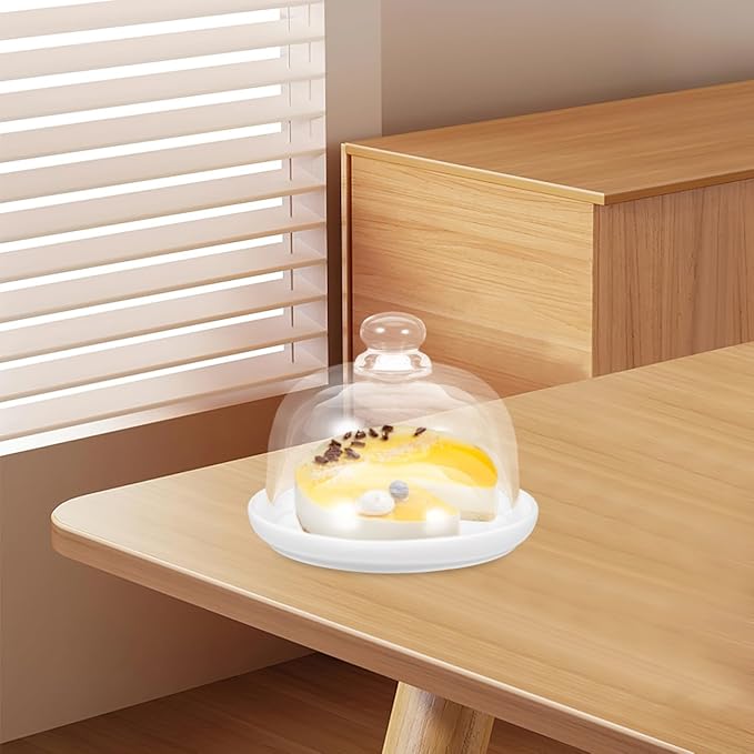 DOITOOL Ceramic Cake Stand with Glass Dome Cover White Ceramic Cake Plate Server Round Clear Glass Dome Dessert Plate for Home Kitchen Party Use, 5.9 x5.9 x 4.7 inches
