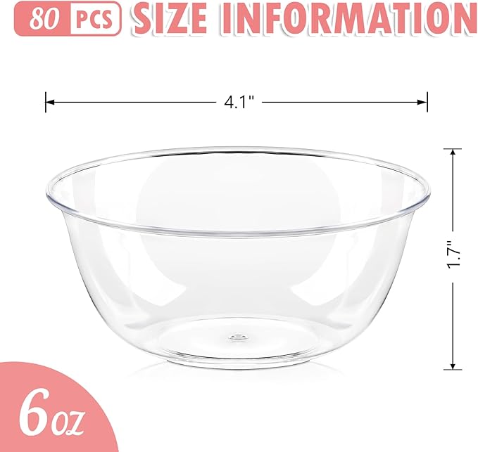 80 Pack 6 oz Clear Plastic Bowls, Disposable Salad Serving Bowls for Soup Fruit Snack Appetizer Parfait, Small Durable Ice Cream Dessert Bowls for Home Kitchen Wedding Catering Party Supplies