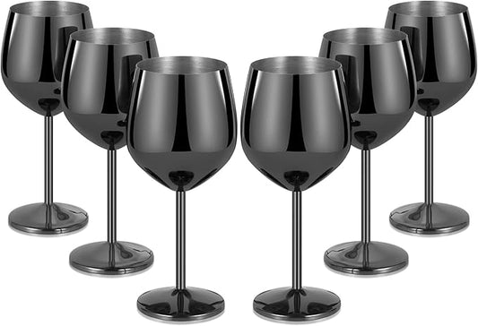 Lifecapido Stainless Steel Wine Glasses Set of 6, 18oz Stainless Steel Metal Wine Glasses, Black Wine Glasses with Cup Brush for Party Office Wedding Anniversary, Great for Red White Wine, Black
