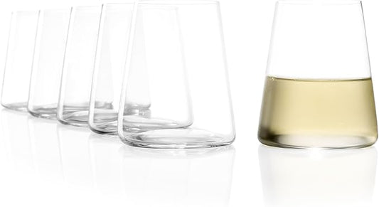 Stölzle Lausitz White Wine Tumblers Power 6-Piece Set, 13 1/2 oz – Modern Stemless Crystal Wine Glasses for Maximum Aroma – Durable & Dishwasher Safe, Made in Germany