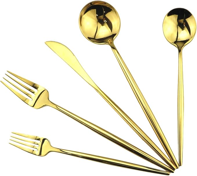Gugrida Portable Silverware Set - 20-Piece Flatware Cutlery Set - 18/10 Stainless Steel - Mirror Polishing Gold - Travel Elegant Modern Utensils - Service for 4 Include Steak Knife Dinner Fork Spoon