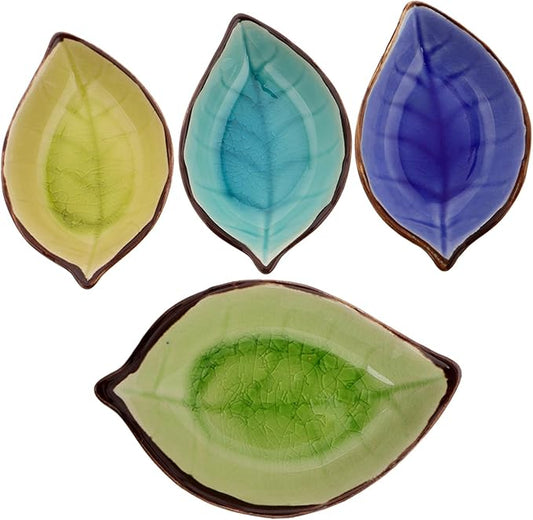 4pcs Leaf Pattern Ceramic Plates Condiment Bowls Serving Trays Dinnerware Sauce Dippers for Occasions