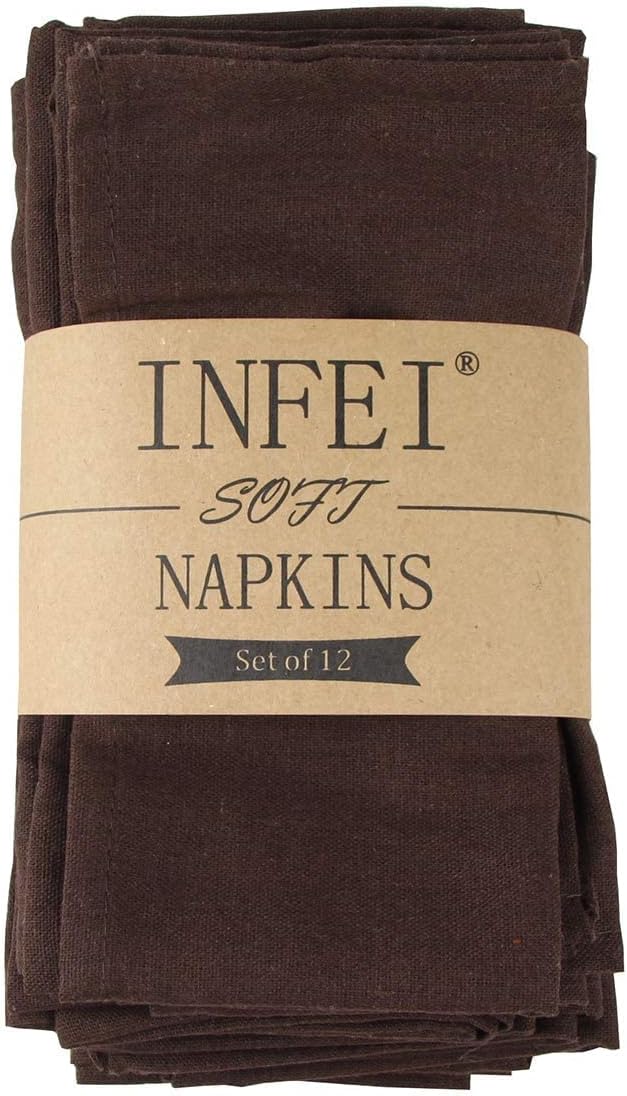 Solid Color Linen Blended Thin Dinner Cloth Napkins - Set of 12 (40 x 40 cm) - for Events & Home Use (Brown)