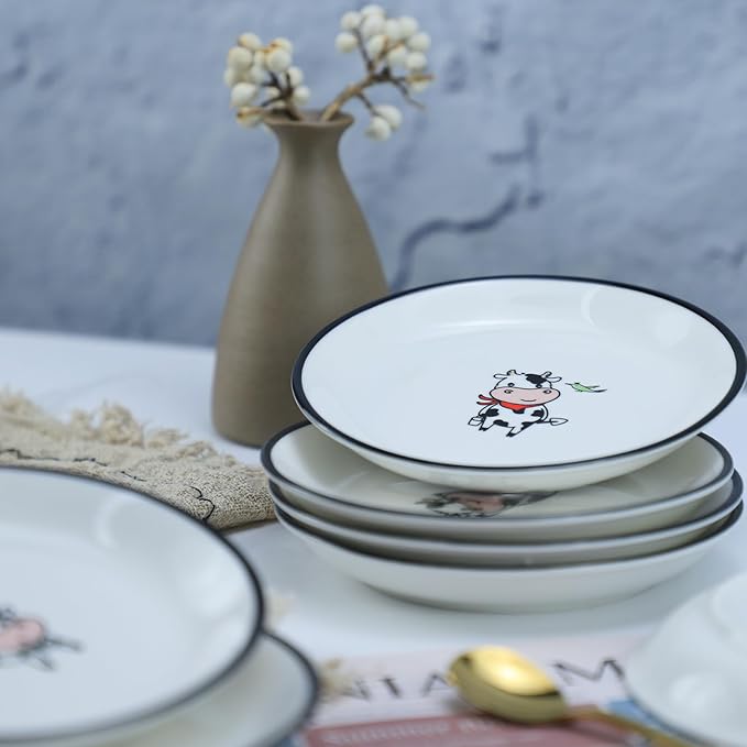 Funny Cartoon Cow Bird Pattern Ceramic Sauce Dishes, Seasoning Dishes, Sushi Soy Dipping Bowls, Appetizer Plates, Dessert Plates, Little Cat Bird Feeding Bowls, Set of 6-Colorful-5 Inch