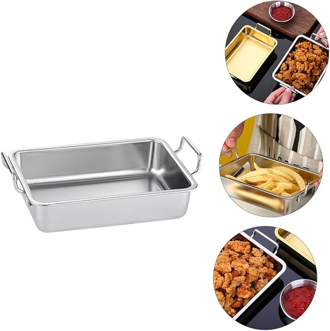 Stainless Steel Double-Handle Food Tray Rustproof BBQ Platter for Snacks Candy and Fried Chicken Serving Party Platter Easy-Clean Silver Tray