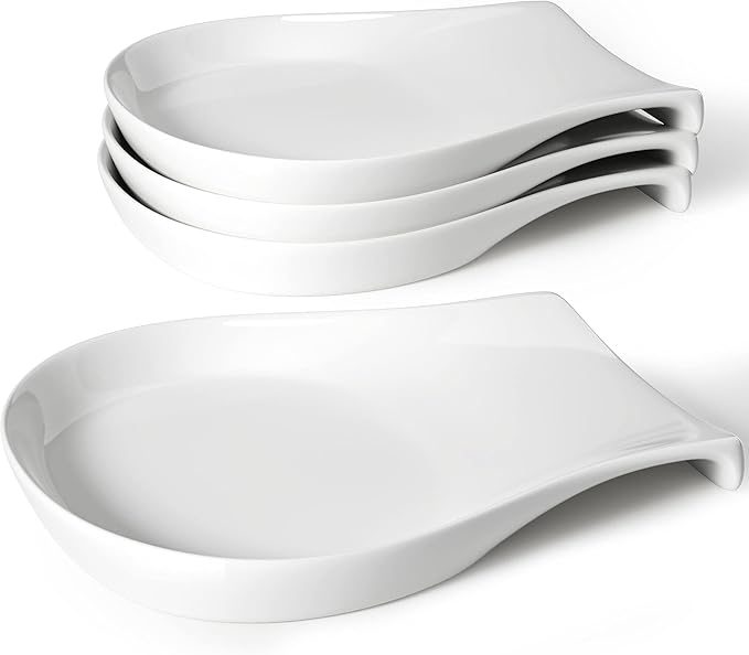 Spoon Rest for Kitchen Counter, 5.5 Inches Spoon Holder, Ceramic Ladle Rest for Stove Top, Spatula Holder Porcelain, Coffee, Kitchen Utensils Accessories, Set of 4, White