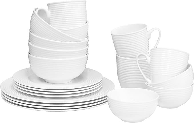 QOUTIQUE Bone China Dinnerware, 20PC Set, Service for 4, White Embossed, circle, Microwave Safe, Translucent, Elegant giftware, Dish set, Essential Home, Kitchen Dishes, Dinner Set
