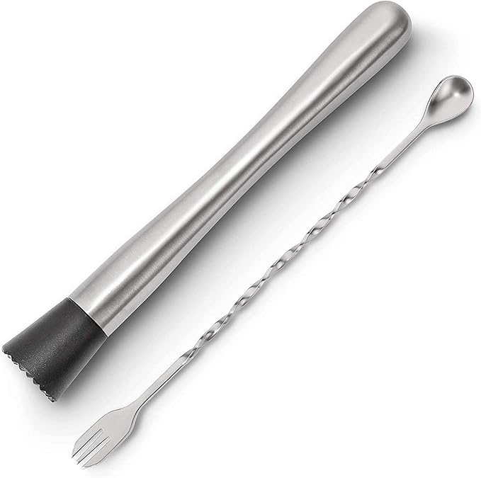 NATURELAND Food-Grad 304 Stainless Steel Cocktail Muddler and Mixing Spoon Home Bar Tool Set - Dishwasher Safe - Create Delicious Mojitos and Other Fruit Based Drinks (10" Muddler+Spoon)