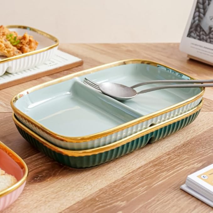 Porcelain Healthy Eating Plate, Ceramic 2 Compartment Divided Plates, Portion Control Plates for Adults Weight Loss, Length: 23.8cm/9.37 inch