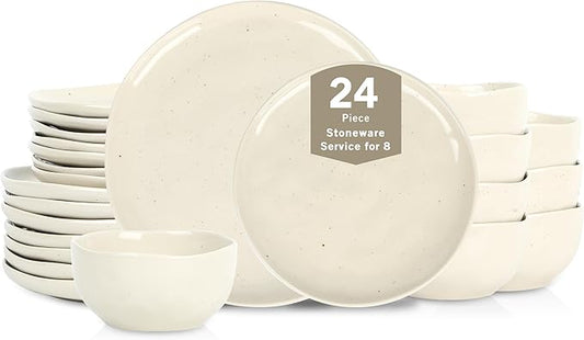 Stone Lain Mirella 24-Piece Dinnerware Set Stoneware, Plates and Bowls set, Microwave and Dishwasher Safe, Dish Set for 8, Beige