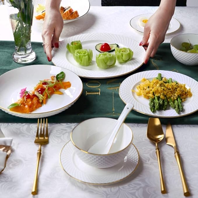 Ceramic Tableware Set, 49 Pieces Of White Embossed Porcelain, Suitable For Microwave Oven And Dishwasher, 45 Pieces Of Bone Meal Healthy Tableware