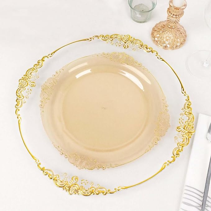 10" Dinner Plates -Set of 20 - Plastic Transparent Gold Round Baroque Disposable Chargers Leaf Embossed Rim, Ideal for Dinner Party Wedding Bulk Events