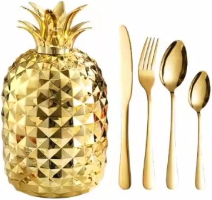 24 pcs Pineapple Egg Shape Cutlery Sets | Gold Sliver Stainless Steel Flatware Set 6 Dinner Spoons, 6 Dinner Forks, 6 Tea Spoons, 6 Butter Knives