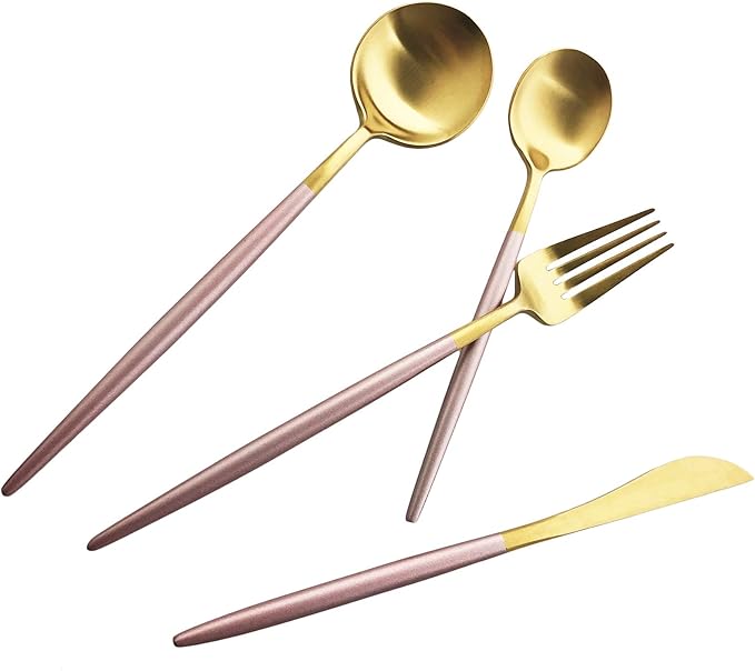 Silverware Set, Hand polished Matte Gold Pink Flatware Cutlery Set Service for 4, Satin Finish 20 Pieces 18/10 Stainless Steel Utensils Set for Home and Restaurant, Dishwasher Safe