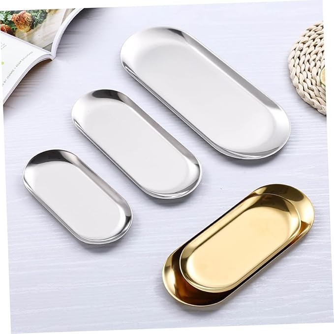 PRETYZOOM Stainless Steel Jewelry Tray Small Serving Platter Storage Plate Food Tray Tabletop Adornment for Home Restaurant
