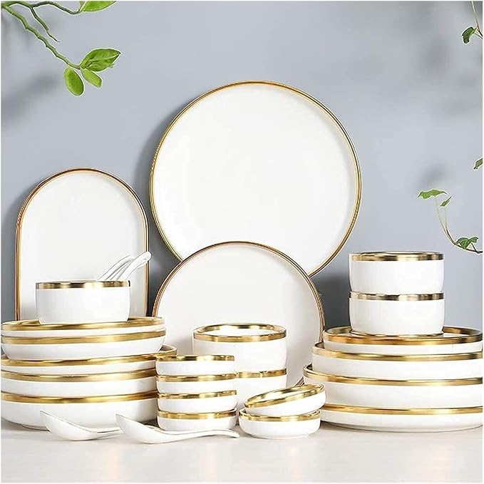 Dinnerware Set Luxury Family Dinner Service Set, Dinnerware Sets Service for 2/4/6, Kitchen Plates and Bowls Sets White, Luxury Bone China Tableware, Nordic Gold Porcelai,26pcs