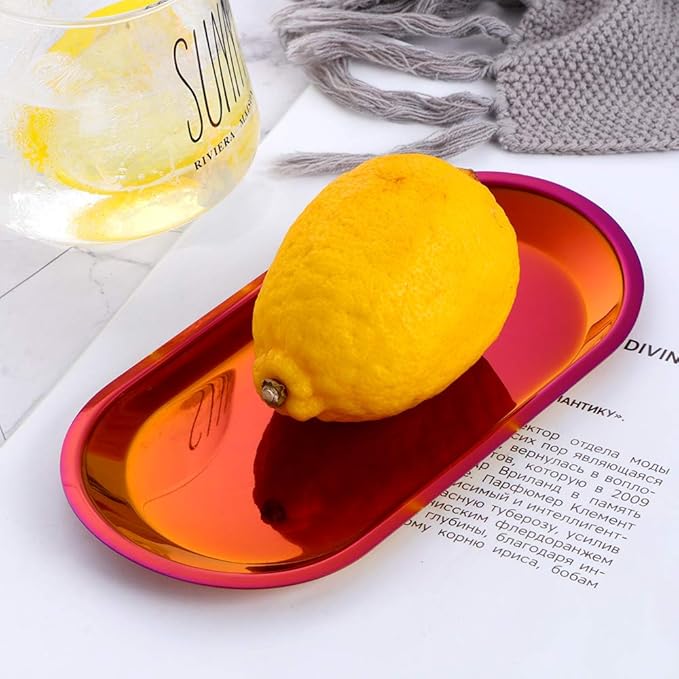 Buyer star Orange Red 2PCS 7.3inch Stainless Steel Oval Tray Fruit Trays Storage Tray Dish Plate Cosmetics Jewelry Decorative Organizer