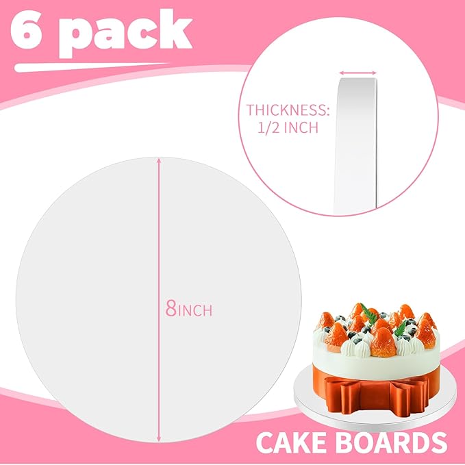 8 Inch Cake Boards Drums Round, 6-Pack, White, Sturdy 1/2" Thick Heavy Or Multi-Tiered Cakes for Bithday Wedding Party. (8inch(6pack))