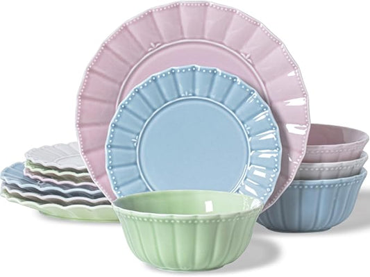HOMBENE Dinnerware set, Kitchen Plates and Bowls Sets for 4, Porcelain dish set for party, House gift, Microwavable safe, Mixed Colors