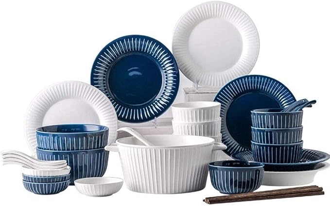 Dinnerware Set,46 Pieces White Blue Vertical Pattern Ceramics Dinner Sets Plates Bowls Combination for Family Party