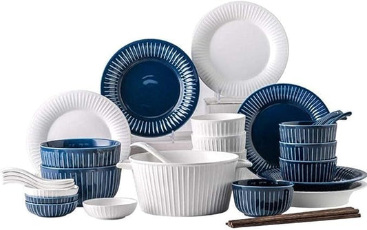 Dinnerware Set,46 Pieces White Blue Vertical Pattern Ceramics Dinner Sets Plates Bowls Combination for Family Party