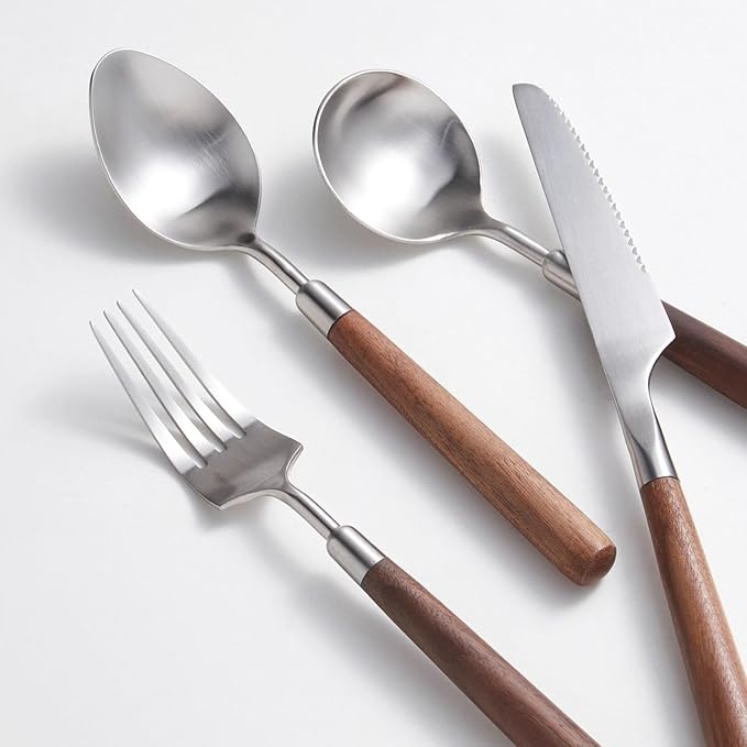 32-piece wooden handle silverware set, utensil set, flatware set, cutlery sets, weddings hotel banquets Wooden Handle home use service for 8 Spoons And Forks Set