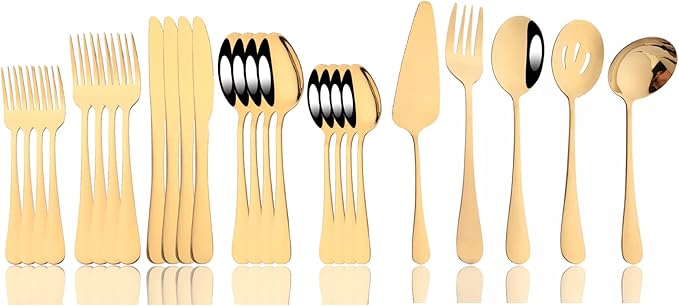 JASHII 25-Piece Fork Spoon Knife Silverware Set with Serving Utensils for 4, Food Grade Stainless Steel Flatware Cutlery Set for Home and Restaurant, Dishwasher Safe - Shiny Gold