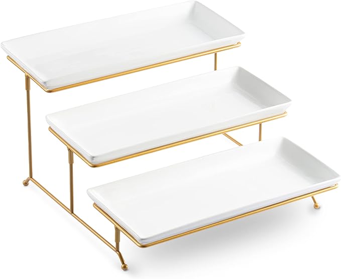LYEOBOH 3 Tier Serving Stand and Platters Set Large Tiered Serving Platters with Collapsible Sturdier Rack 14 Inches Tiered Serving Tray for Appetizer Fruit, Dessert and Cupcake, White