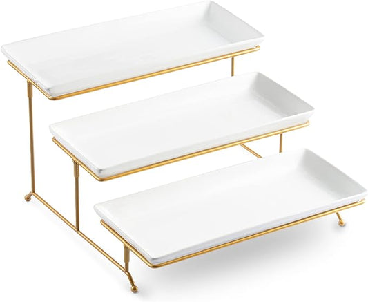 LYEOBOH 3 Tier Serving Stand and Platters Set Large Tiered Serving Platters with Collapsible Sturdier Rack 14 Inches Tiered Serving Tray for Appetizer Fruit, Dessert and Cupcake, White