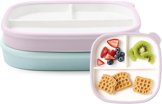 Ello Clean Start Toddler Breakfast Plate 2 Pack | BPA-Free Ceramic Plates with Divider & Silicone Sleeve for Babies/Toddlers| Microwave & Dishwasher Safe | High Chair Friendly | Dewdrop/Sugarplum