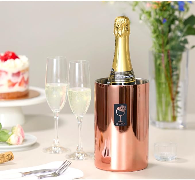 Wine Chiller Bucket with Stainless Ice Stone - Wine Gifts Set of 750ml wine ice bucket cool up to 5 hours - Insulated double walled champange bucket for single bottle(Rose Gold)