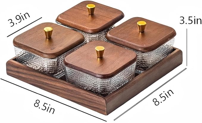 Premium Walnut Snack Tray with Lid, Glass Divided Fruit & Nut Bowl Set, Wooden Coffee Table Serving Tray for Candy, Dried Fruit, Desserts, Condiments, Charcuterie & Home Entertaining (4)