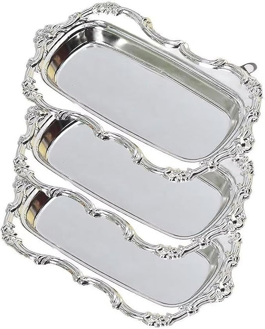 3PCS 8in Vintage Serving Trays Set Decorative Tray Metal Tableware Platters for Cookies Desserts Party Food Display (Silver)
