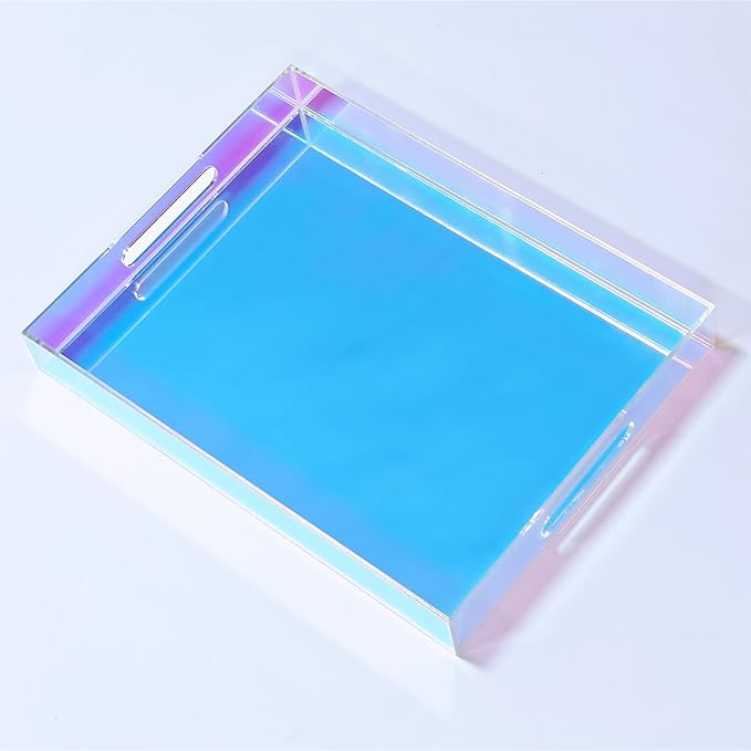 ROYALITA Iridescent Acrylic Tray with Handles, 12X9 Inch Serving Tray Spill Proof, Perfume Decorative Tray for Ottoman Coffee Table Countertop, Wedding Decor, Office Desk