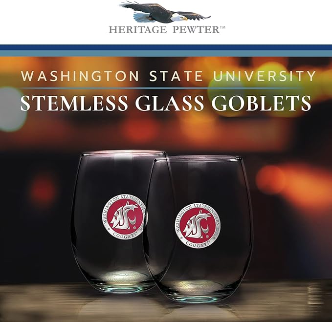 Heritage Pewter Washington State Cougars Stemless Glass Goblets – Set of 2 | 15 OZ Goblet Wine Glasses | Expertly Crafted Pewter Glass