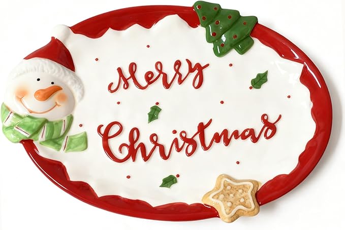 White Oval Xmas Snacks Appetizer Trays Sets, Christmasman Dessert Porcelain Serving Dishes, Snack Platter, Food Cereal Salad Bowl, Christmas Santa Claus High Relief Ceramic Plate - White