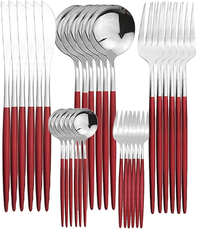 Gugrida Red Silverware Set,30 Piece Stainless Steel Flatware Set,Mirror Polished Dinnerware Cutlery Set of 6,Reusable Utensil Set for Kitchen, Red Handle Silver Spoon Silverware,Dishwasher Safe