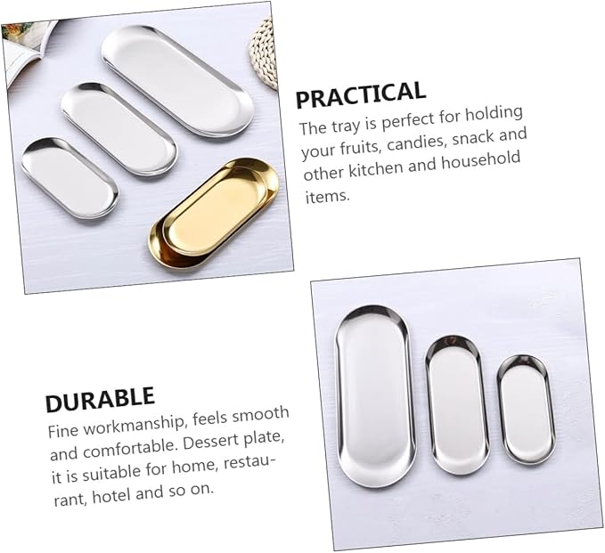 PRETYZOOM Stainless Steel Jewelry Tray Small Serving Platter Storage Plate Food Tray Tabletop Adornment for Home Restaurant