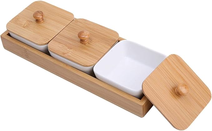 Ceramic Divided Serving Dishes, Serving Tray and Platter Ceramic Condiments Tray with Lids 3 Removable Appetizer Serving Bowls for Chips and Dip Condiment Fruit Veggies Nut Candy and Snacks