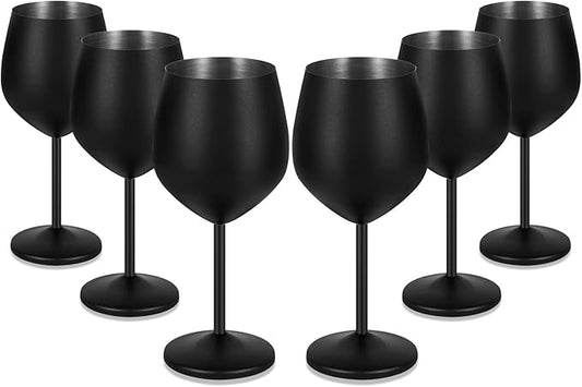 Lifecapido Stainless Steel Wine Glasses Set of 6, 18oz Stainless Steel Metal Wine Glasses, Black Wine Glasses with Cup Brush for Party Office Wedding Anniversary, Great for Red White Wine (Black)