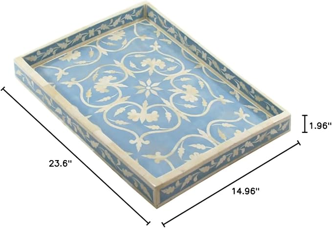 Hansa Handmade Bone Inlay Serving Tray Rectangle Tray Handcrafted Sky Blue Decorative Display Basket for Dining