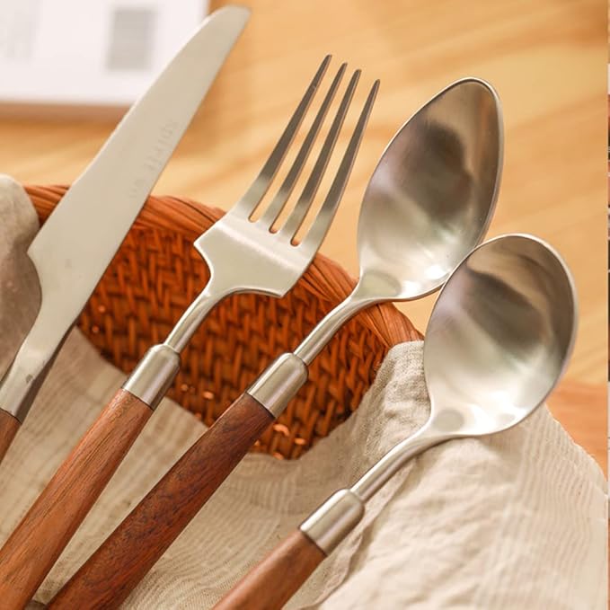 Wood Silverware Set for 10 Wooden Flatware Cutlery Utensils Set 18/10 Stainless Steel Walnut Handle 40 Piece Include Knives Forks and Spoons Tableware Set for Home Kitchen Wedding Restaurant