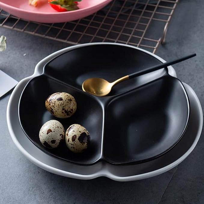 3- Compartment Tray Ceramic Serving Plate Snack Storage Container Fruit Plate Serving Dish Appetizer Plate-Black