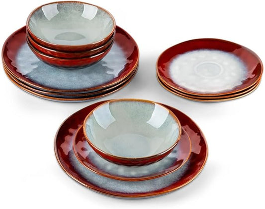 Vintage Ceramic Red Stone Dinnerware Set Dinner Dessert Plate Bowl Set,White-Dinosaur Doodle