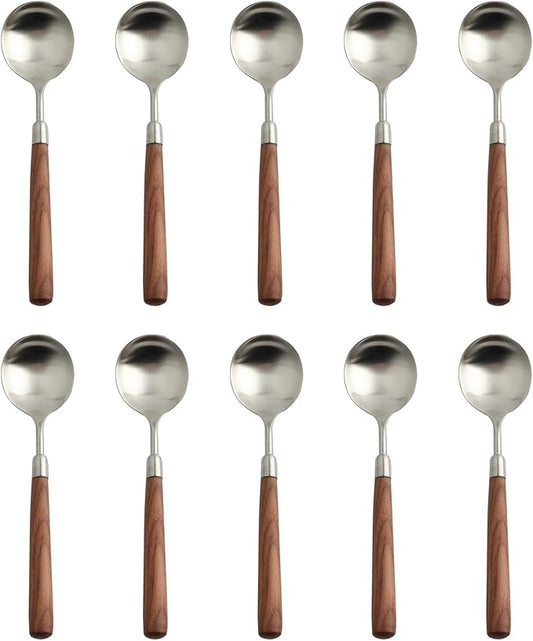 10-piece wooden handle spoons service for 10 people, flatware set, cutlery sets, utensil set,18/8 stainless steel home use hotel banquets wooden handle spoons,matte polishing