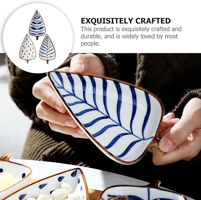 Creative 3pcs Ceramic Appetizer Plates Set with Hand-painted Underglaze Design, Assorted Leaf and Watergrass Patterns, Food-grade Dessert and Sauce Dishes for Serving Random Color