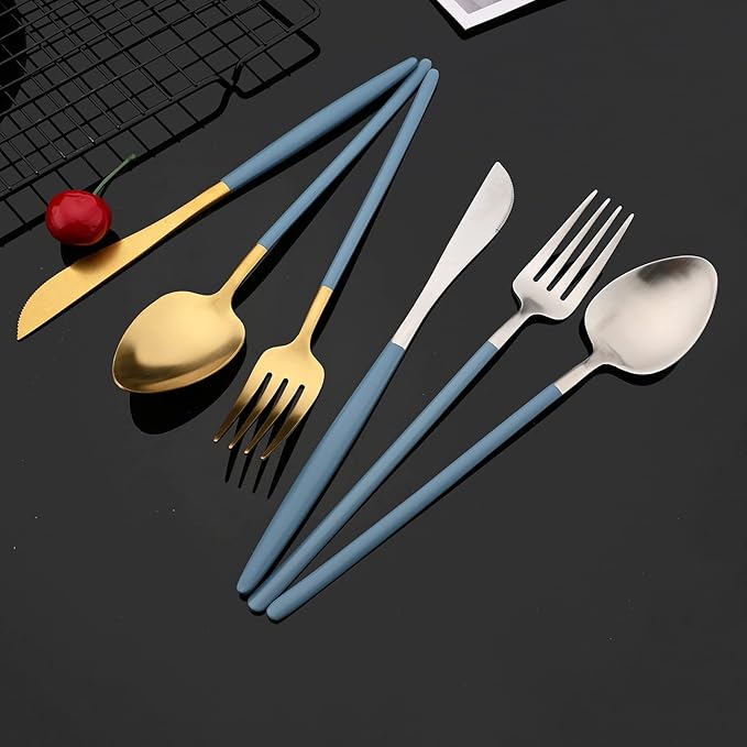 JASHII Matte Blue and Gold Silverware Set, 304 Stainless Steel Flatware Set Service for 4, Tableware Cutlery Set for Home Restaurant Party, Dinner Forks/Spoons/Knives, Slim Handle, Dishwasher Safe