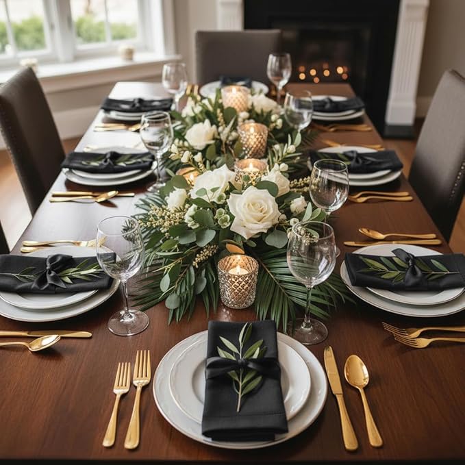 D'Moksha Homes Black Linen Napkins Set of 8 - Classic Hemstitch 100% Pure Linen Hemstitch Dinner Napkins 20 x 20 Inch for Winter, Christmas, Holiday, New Year - Handcrafted and Machine Washable