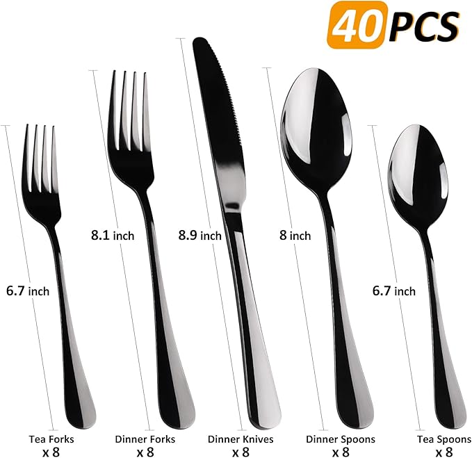 Black Flatware Set for 8,40-Piece Silverware Set for 8, SANLUNS Utensil Sets Tableware Cutlery, Mirror Polished, Dishwasher Safe